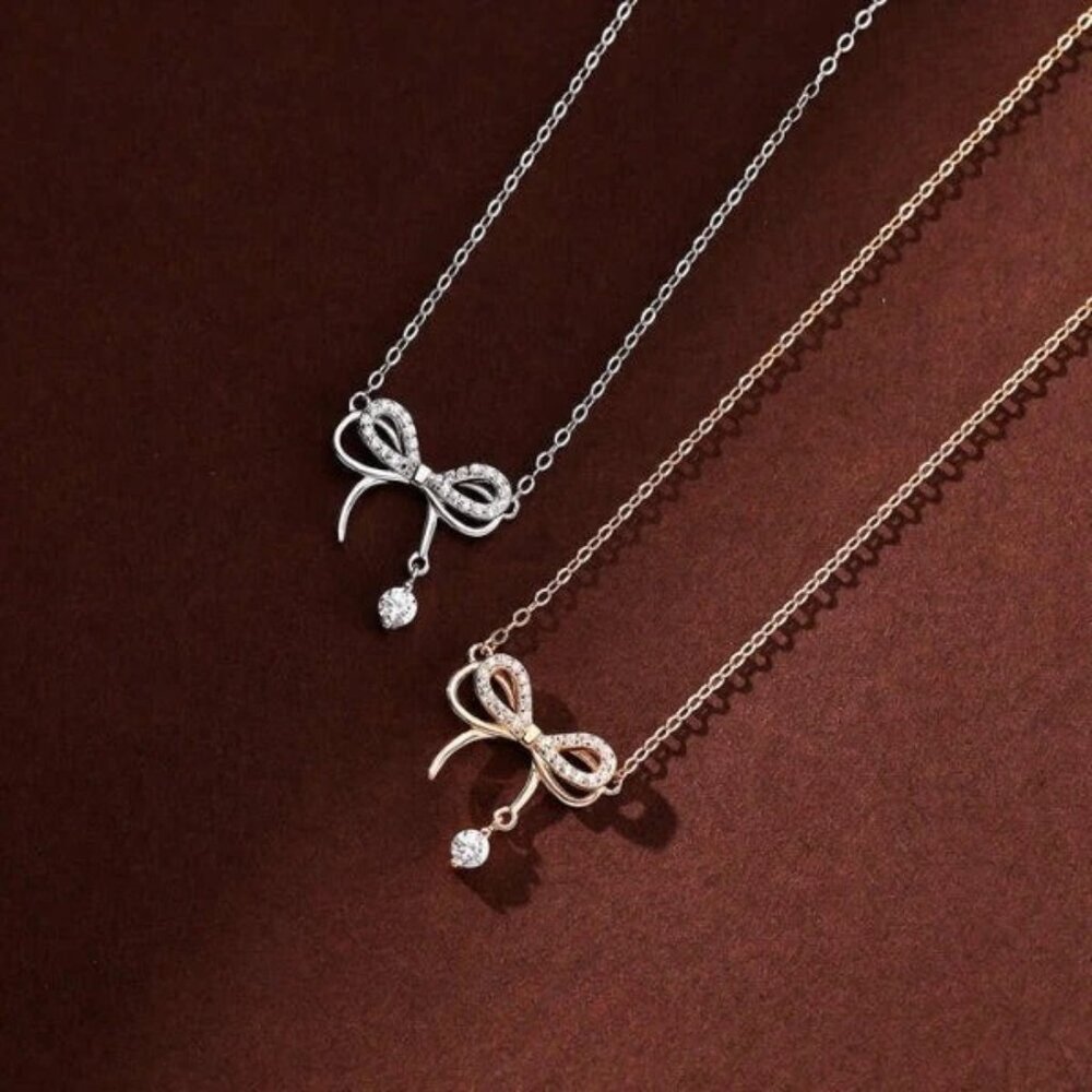 Double Layer 925 Sterling Silver Zircon Bow Pendant Necklace Charms